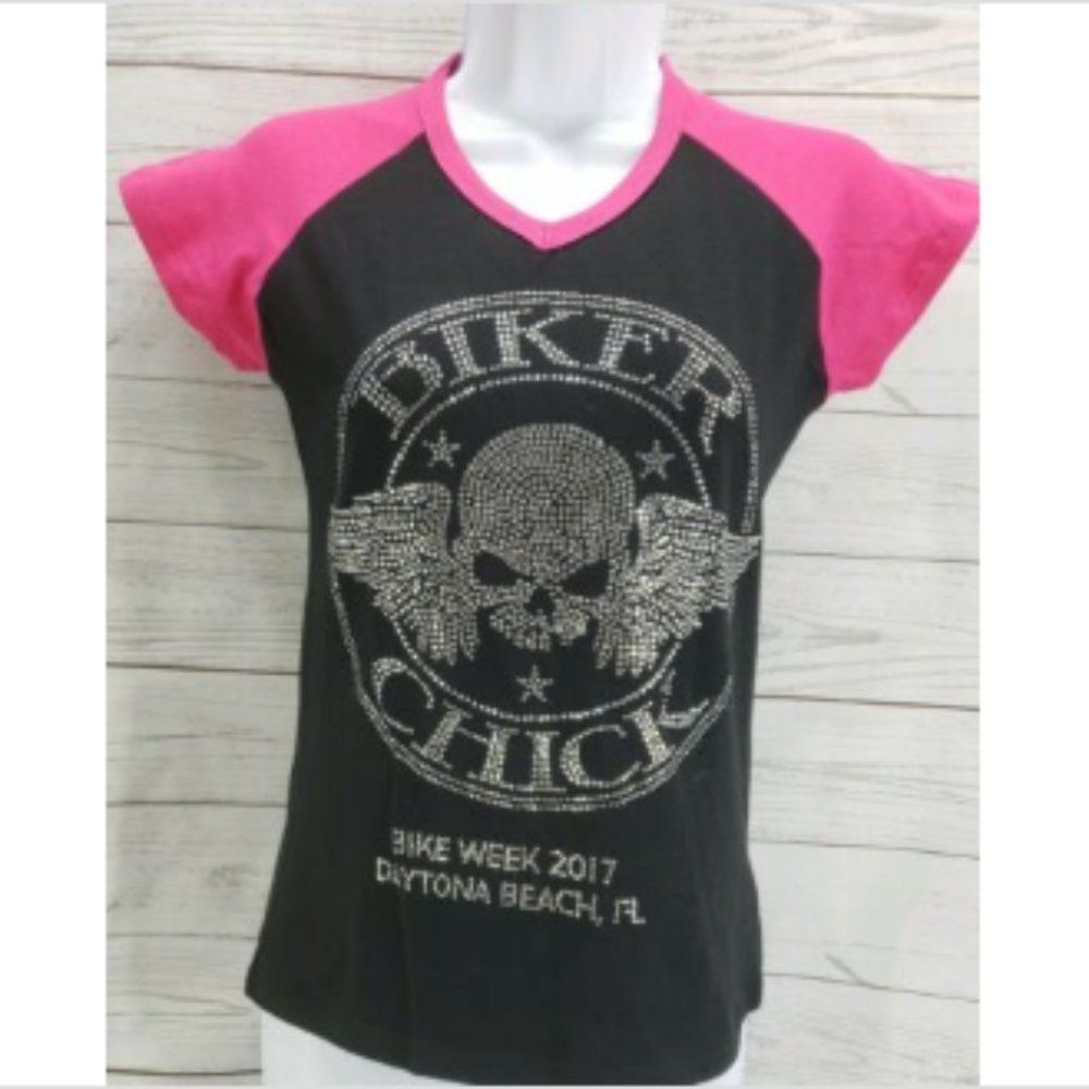 Biker Apparel Raglan Tee Small Black Rhinestone